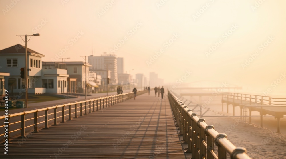 Obraz premium Walking Along Wooden Boardwalk at Seaside with Buildings and Light Haze