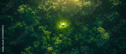 Drones with advanced lidar scan tropical rainforests, mapping biodiversity and deforestation, showcasing cutting-edge tech for nature conservation, ecological research, and forest preservation.