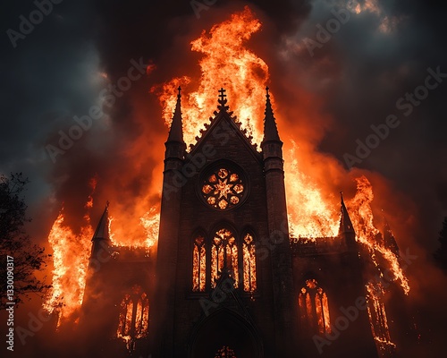Gothic church engulfed in flames, intense fire, dark smoke.