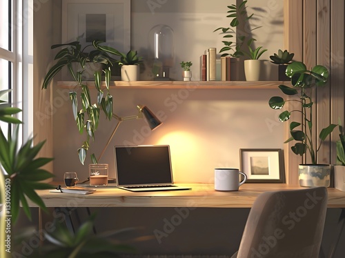 A cozy and minimalist home office setup in a modern apartment, with a wooden desk, laptop, coffee mug, indoor plants, and soft lighting. The workspace is designed for productivity and comfort
