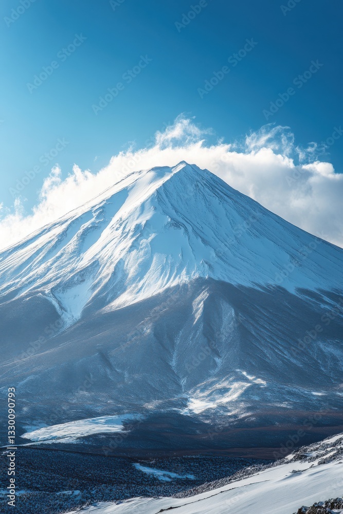 Snowy mountain peak under bright blue sky with thin white clouds. Winter landscape with mountain covered in snow. Cold outdoor scene with natural light. Snowy mountain peak under bright blue sky with thin white clouds. Winter landscape with mountain covered in snow. Cold outdoor scene with natural light.