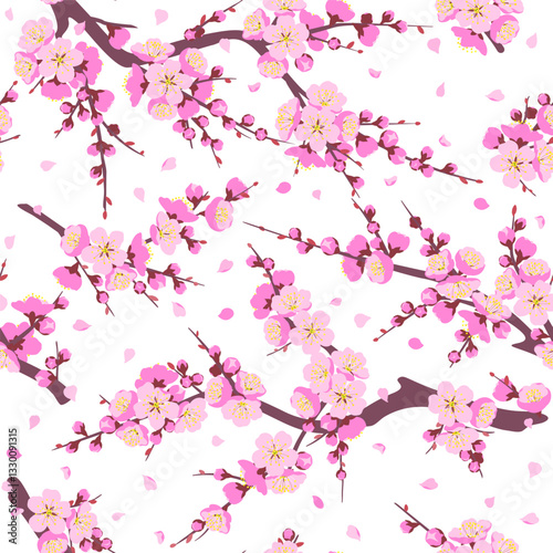 Seamless Pattern with Flowering Sakura Tree Branches