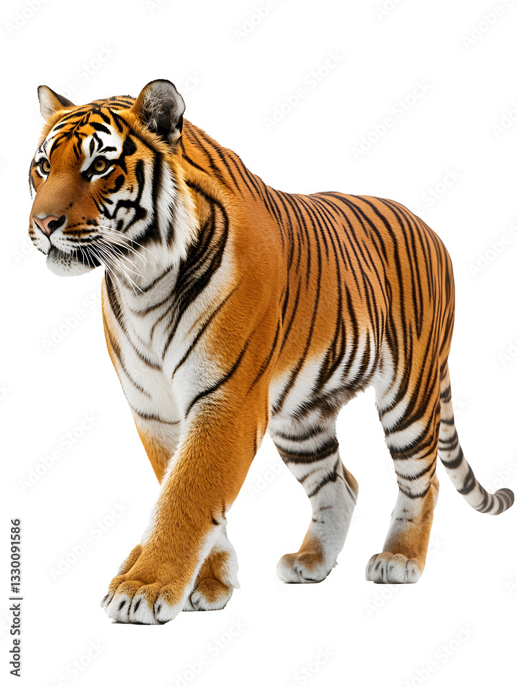 Obraz premium Majestic Bengal tiger in side profile standing on white background / PNG