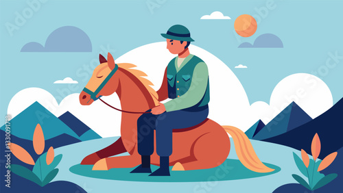 A veteran suffering from posttraumatic stress disorder finds peace and calmness in the rhythmic motion of horseback riding.. Vector illustration