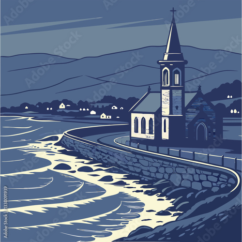 Moonlit Coastal Scene with Church and Waving Sea Vector