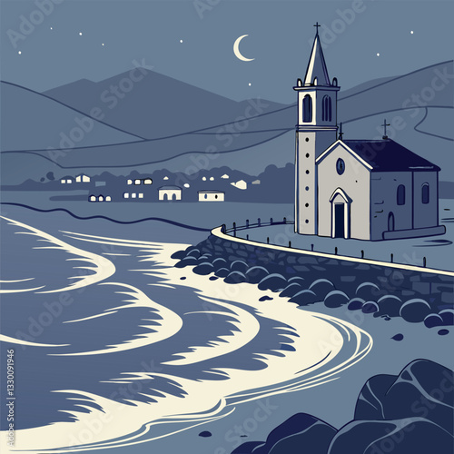 Moonlit Coastal Scene with Church and Waving Sea Vector