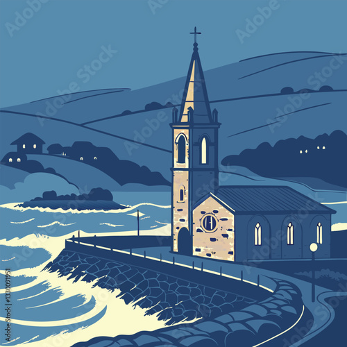 Moonlit Coastal Scene with Church and Waving Sea Vector