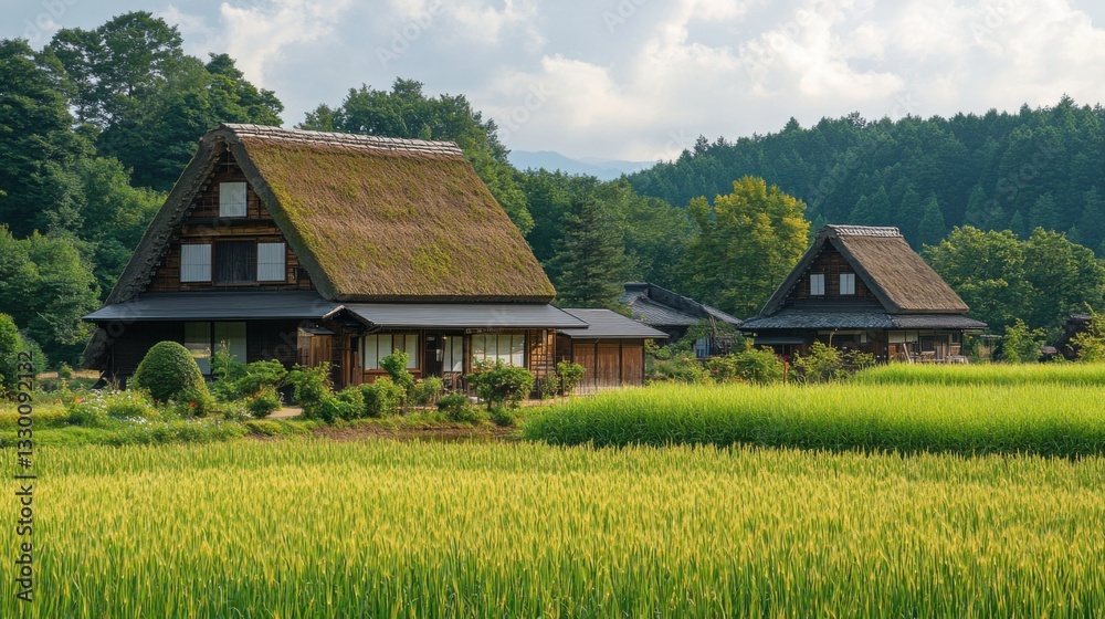 Traditional farmhouses stand among green fields. The houses have thatched roofs and dark wood. Forest and mountains are visible in the background on a sunny day. Traditional farmhouses stand among green fields. The houses have thatched roofs and dark wood. Forest and mountains are visible in the background on a sunny day.
