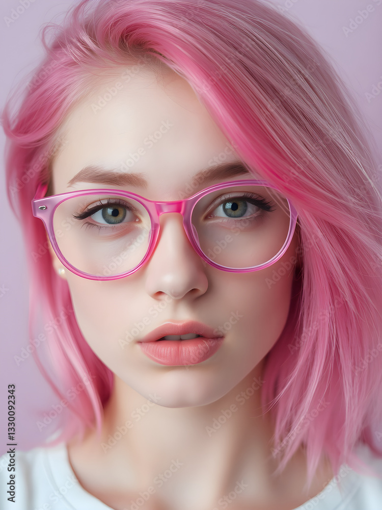 Fototapeta premium Mujer de cabello fantasía y gafas color rosa en un entorno moderno