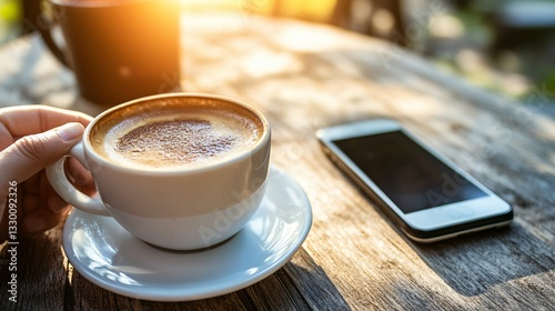Holding coffee cup and phone on wooden table at sunrise