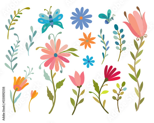 Isolated floral buds and leaves. Funny cartoon flowers.