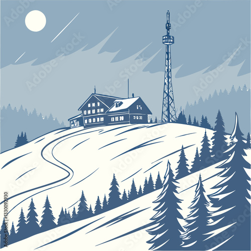 Winter Mountain Landscape with Snow-Covered Buildings and Tower