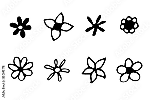 A set of black and white flower outlines with petals. Botanical isolated elements for design