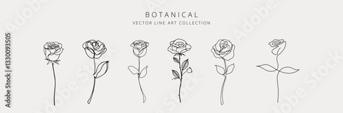 Set of botanical hand drawn vector elements. Collection of flowers and roses in line art. Minimal style blossom illustration design for logo, wedding, invitation, decoration, marriage, love card  .