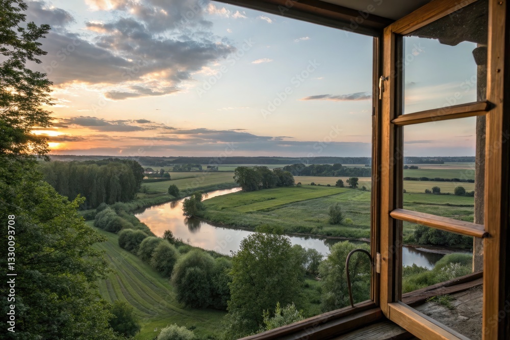 Fototapeta premium Serene Countryside Landscape at Sunset Viewed From an Open Window With Lush Greenery and a Winding River Generative AI