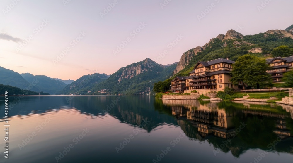 Obraz premium Calm Lake with Mountain Views and Lakeside Buildings at Dusk