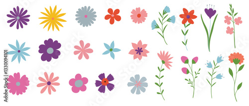 Set floral of wildflower, leaf branch, foliage on white background. Hand drawn blossom illustration for decor, Easter, thanksgiving, clipart.