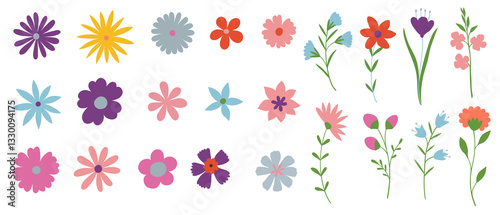 Collection of spring colorful flower elements.