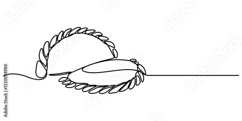 delicious gujiya continuous one line drawing, Indian Sweet (Gujia) Icon In Stroke Style, russian dish dumplings food illustration, hand drawn russian cuisine illustration, on white background minimall