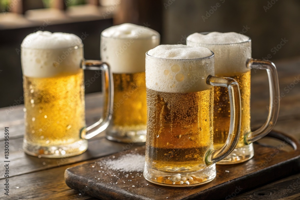 Four Beer Mugs Filled With Frothy Golden Liquid Placed on a Wooden Table in a Cozy Pub Atmosphere Generative AI Four Beer Mugs Filled With Frothy Golden Liquid Placed on a Wooden Table in a Cozy Pub Atmosphere Generative AI