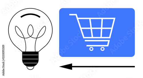 Lightbulb next to blue shopping cart frame, connected by directional arrow. Ideal for e-commerce, innovation, online shopping, idea sharing, business growth, creativity, digital trends flat simple