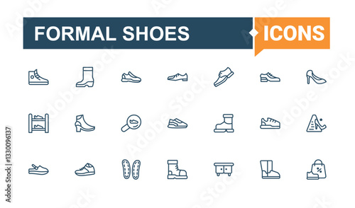 Set of Formal Shoes line icons. Pack of shoe, heel, style, lace, sport, wear and more. Shoe icons. Isolated icon.   Editable line and solid icon collections.