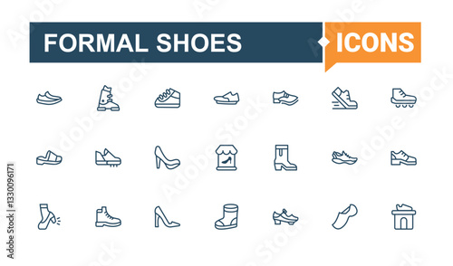 Set of Formal Shoes line icons. Pack of shoe, heel, style, lace, sport, wear and more. Shoe icons. Isolated icon.   Editable line and solid icon collections.