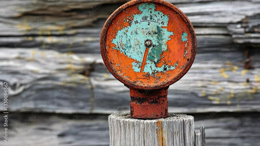 Weathered orange gauge shows a reading near 12 against a distressed wood backdrop