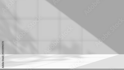 White background,Shadow leave,light on wall room for product display,Studio background shadow window effect,light texture on floor podium,Vector Abstract background