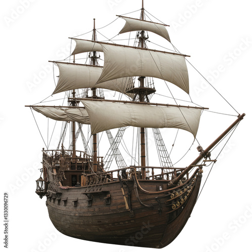 Ancient Sailing Ship Model, Historical Wooden Galleon with White Sails, Maritime Heritage and Naval History, Transportation and Exploration Symbol photo