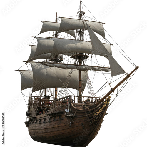 Ancient sailing ship with full sails, historic wooden galleon isolated, maritime history and naval exploration theme, vintage vessel navigation concept