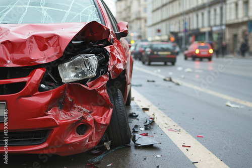 A damaged red car after an accident on a busy city street, showcasing the aftermath of a traffic collision. Crashed car on wet road - urban scene for safety campaigns