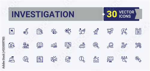 Investigation icon collection. Included discovery, explore, analysis, investigate, magnify, search. Research line icons pack. Outline icon collection. Minimal line and solid icons.