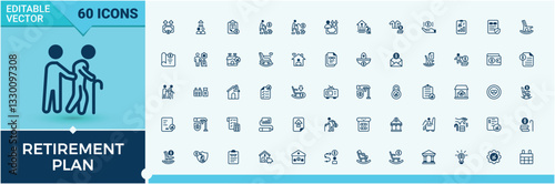 Retirement Fund icons set. Featuring retire, old, elderly, pensioner, insurance, retirement, deposit, age. Retirement Plan vector line icon set. Solid mix icons. Minimal icon collections.