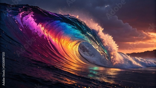 Vibrant Rainbow Ocean Wave at Sunset Stunning Surf, Dreamy Fantasy Water, Colorful Swell, Nature Beauty, Dramatic Seascape Art