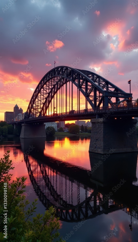 Fototapeta premium Stone Arch Bridge, Minneapolis skyline, sunset hues, cityscape, architecture