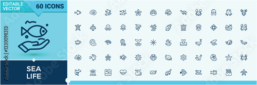 Set of Sea Life line icons. Included tour, shell, nautical, design, coral, fish, boat, water and more. Flat icon. Icon icon set. Minimalistic line and solid icons.