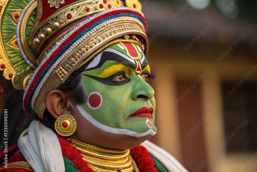 Fototapeta premium Close up Portrait of Kathakali Performer Showcasing Traditional Makeup and Costume During Cultural Event Generative AI