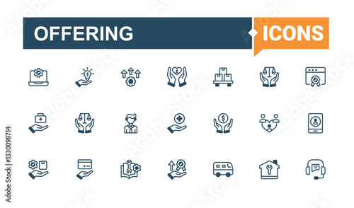 Offering icons set in linear style. Featuring call, phone, business, government, assistance, administration. Service icon pack. Flat icon design. Minimalistic line and solid icons.