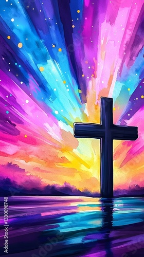Dreamy blurry abstract painting of a cross in water for spiritual reflection and contemplation in peaceful settings