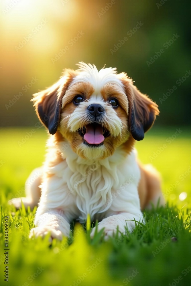 Shih tzu dog relaxing on grass field under sun, puppy, sun