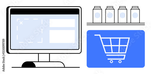 Desktop displaying interface layout, blue shopping cart icon, product jars on shelf. Ideal for e-commerce, web design, digital marketing, retail, consumer goods online purchasing. Flat simple