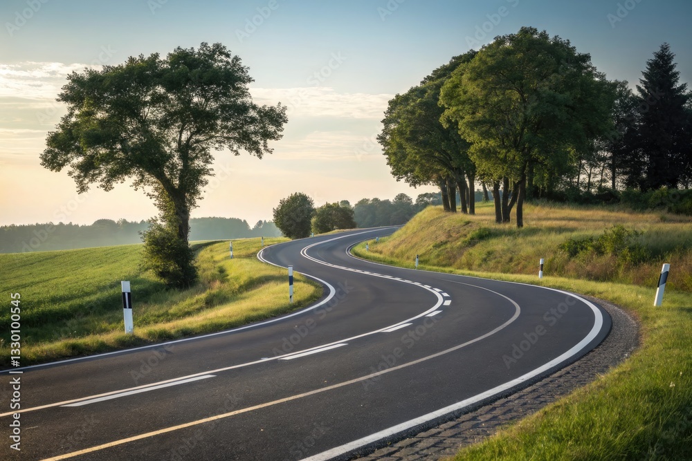 Fototapeta premium Curved Road With White Markings Surrounded by Lush Greenery in a Serene Natural Setting During the Early Morning Generative AI