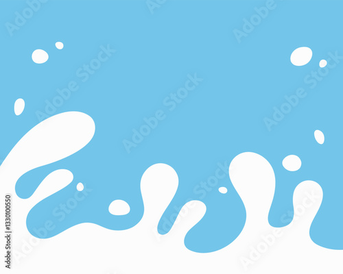 A milky splash on a blue background. Milky white splashes, hand-drawn spots, graphic vector illustration, flat design. An element for a banner, label, or advertisement with an empty space for text