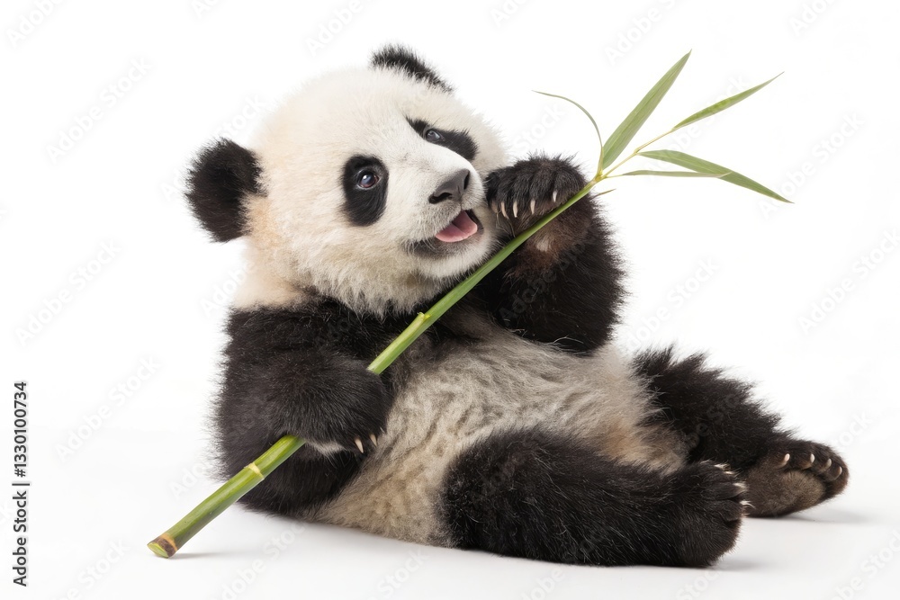 Obraz premium Cute Panda Bear Cub Sitting Against a White Background Enjoying Bamboo in a Playful and Adorable Manner Generative AI