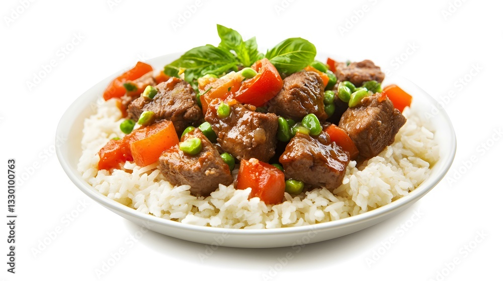 A high-quality product image of a neatly plated ready-to-eat meal, featuring fresh ingredients with vibrant colors and rich textures, isolated on a clean white background. The professional lighting A high-quality product image of a neatly plated ready-to-eat meal, featuring fresh ingredients with vibrant colors and rich textures, isolated on a clean white background. The professional lighting
