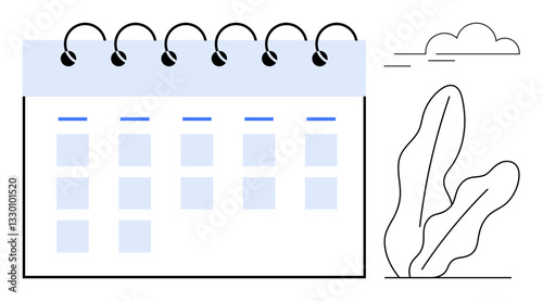 Desk calendar with spiral binding and blank squares for marking dates, alongside abstract plants and a cloud. Ideal for planning, scheduling, time management, productivity, task organization, events