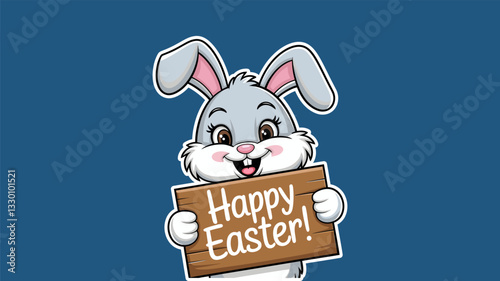 Cute cartoon Easter bunny holding a sign that says "Happy Easter"