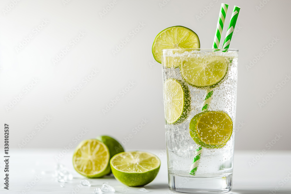 Refreshing Citrus Drink In Sunlight With Straws and Ice Cubes in Glassware Refreshing Citrus Drink In Sunlight With Straws and Ice Cubes in Glassware