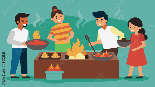 The sizzling aroma of grilled meats fills the air as guests gather around the makeshift taco bar eagerly awaiting their turn to make their own sopes.. Vector illustration
